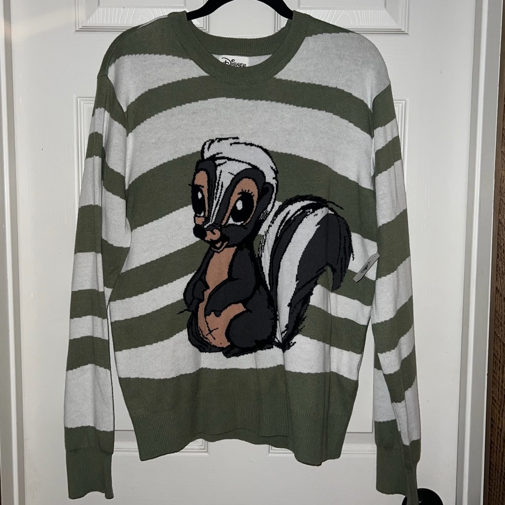 NWT Disney Parks Bambi Flower Skunk Striped Green White Sweater Size Medium